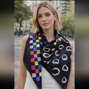 Brand New Chanel Black and Multicolor Graphic Silk Scarf